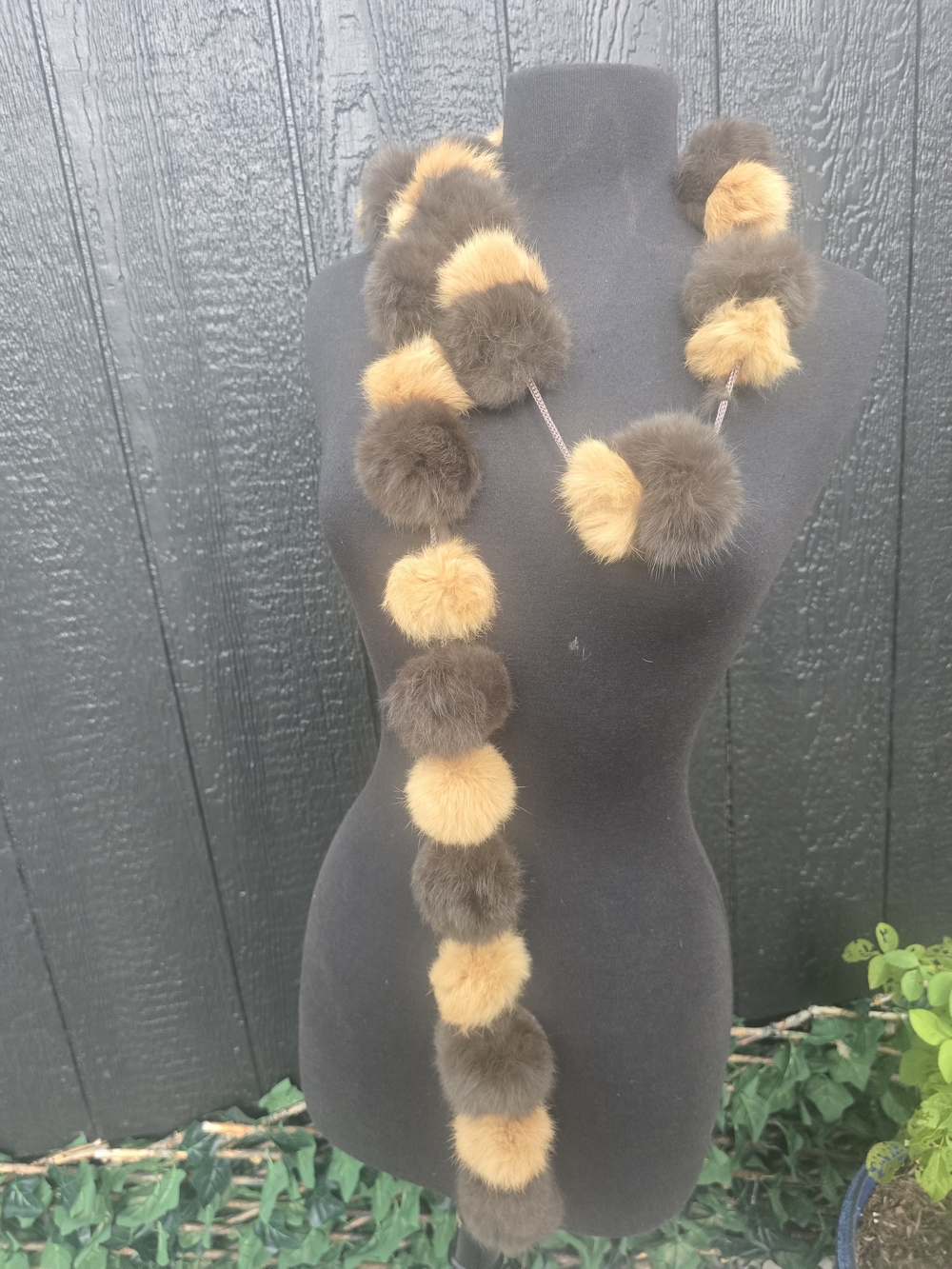 Rabbit Fur Pom Pom Scarf - Brown and Tan